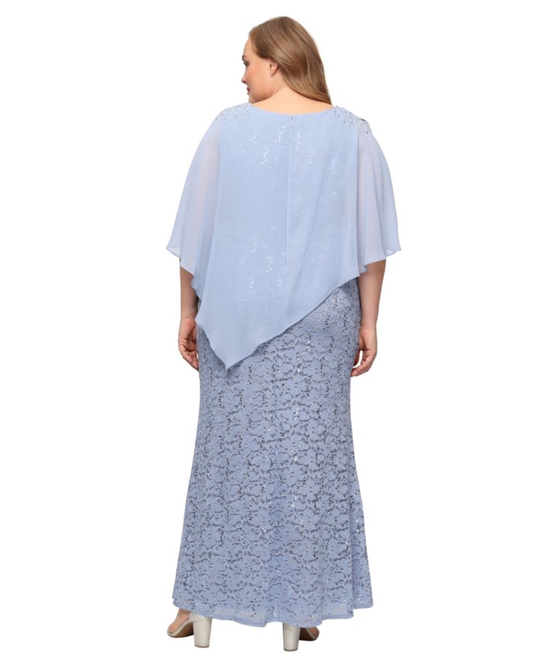 Plus Round-Neck Sequin Lace Cape Dress