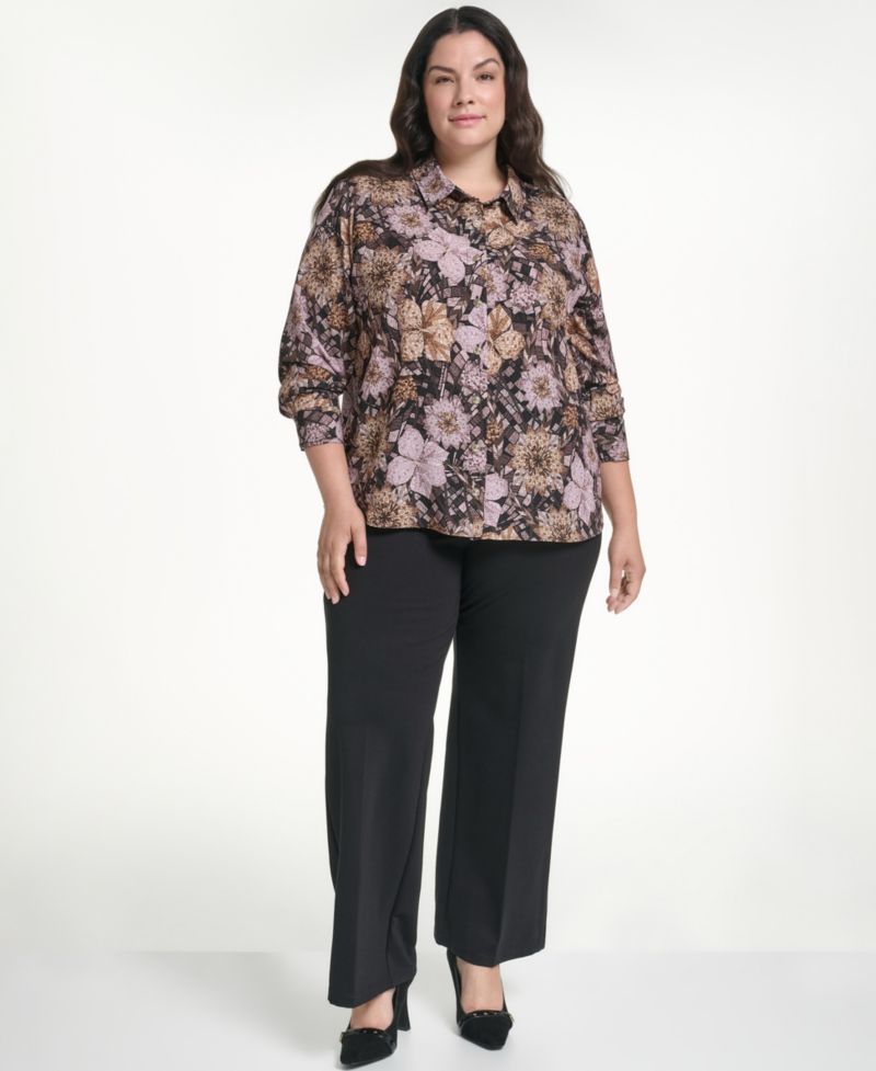 Plus Size Geo Floral Long-Sleeve Button-Up Woven Blouse