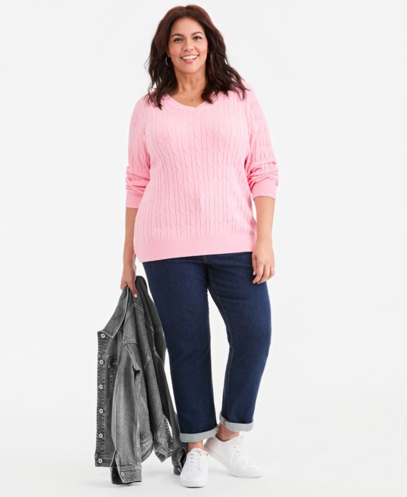 Petite Cotton Cable-Knit V-Neck Sweater