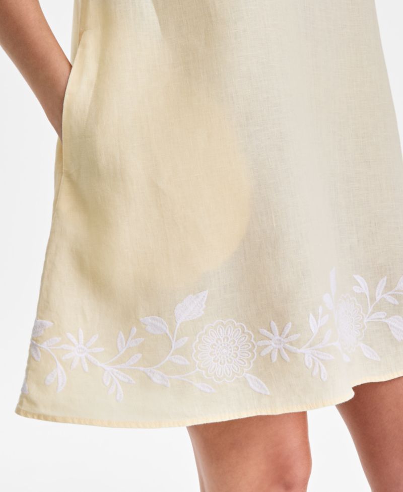 Women's 100% Linen Embroidered-Hem Sleeveless Dress