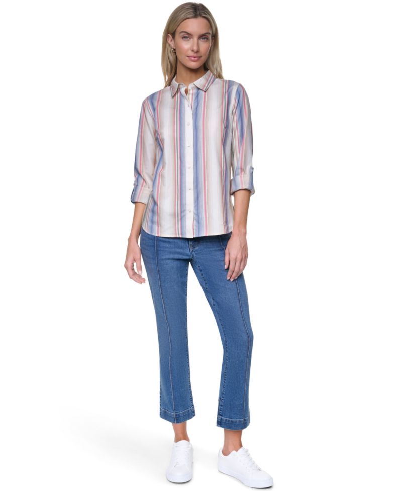 Women's Cotton-Blend Roll-Tab Button-Front Shirt