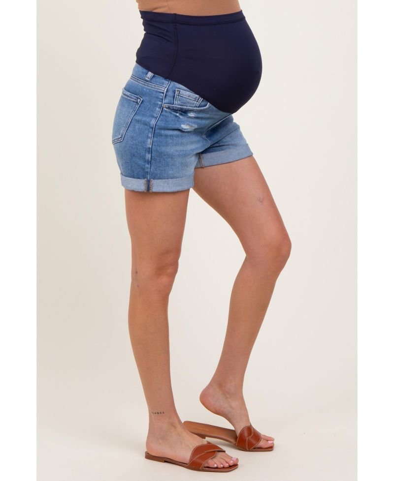 Maternity Navy Distressed Rolled Cuff Jean Shorts