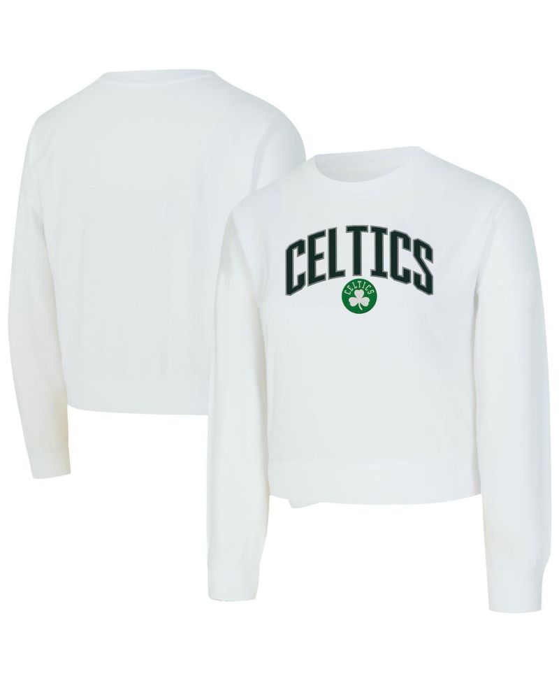 Women's White Boston Celtics Laney Chenille Cropped Long Sleeve T-Shirt