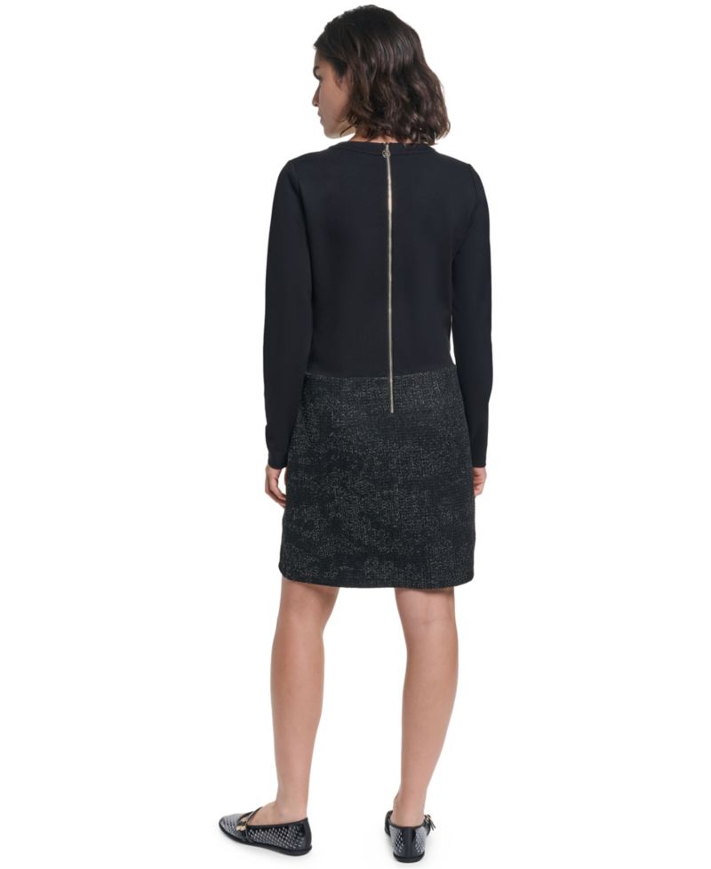 Women's Tweed Long-Sleeve Crewneck Sweater Dress