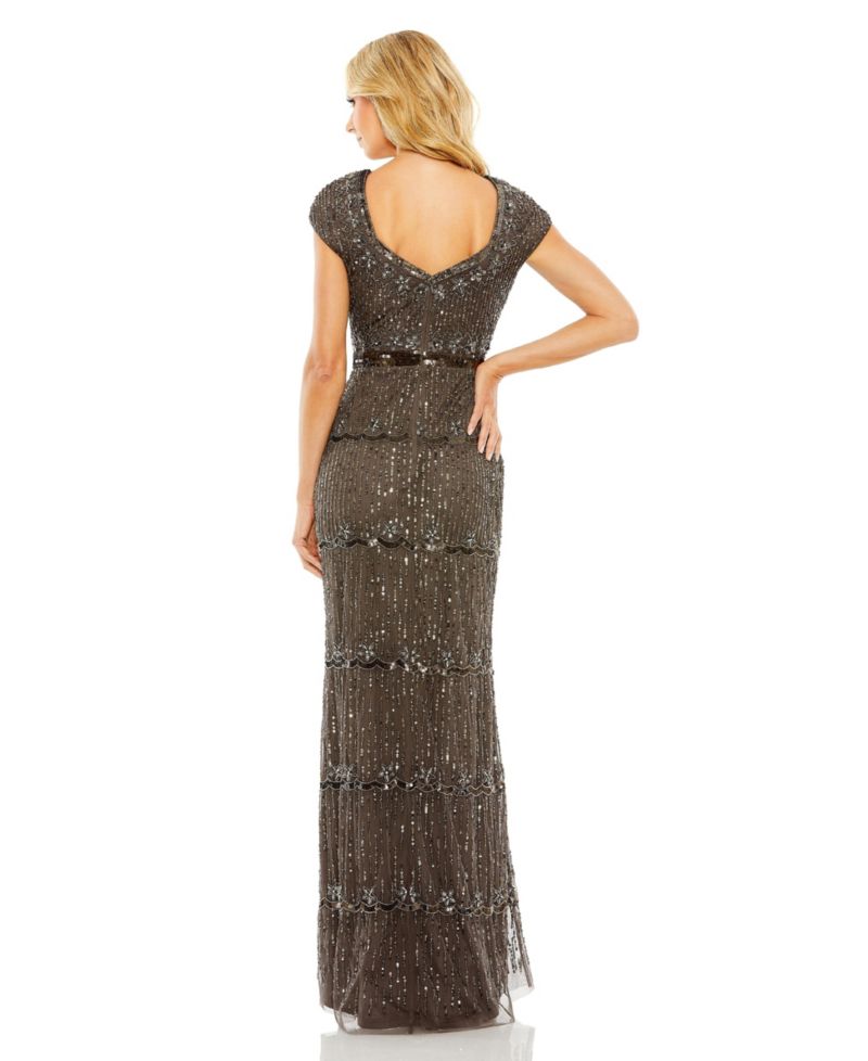 Women's Cap Sleeve Sweetheart Neckline Beaded Sequin Column Gown