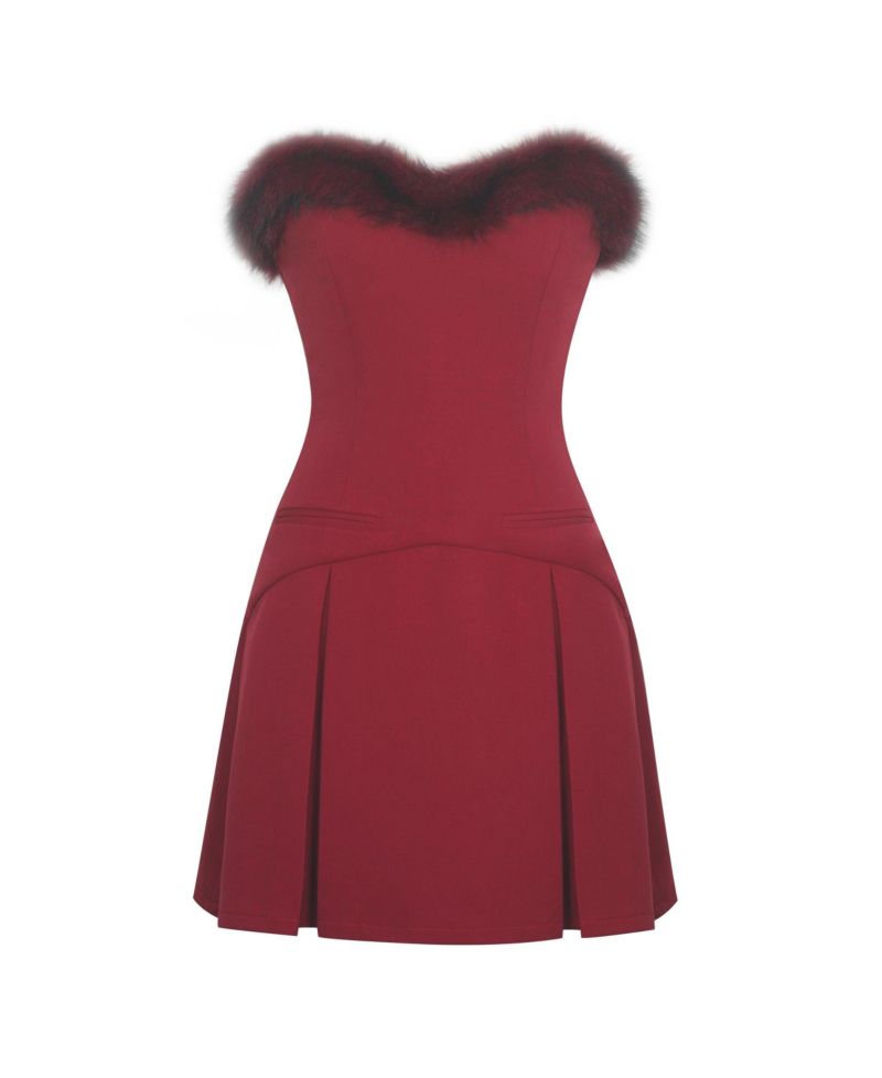 Women's Nalia Crimson Fur Trimmed Sweetheart Mini Dress