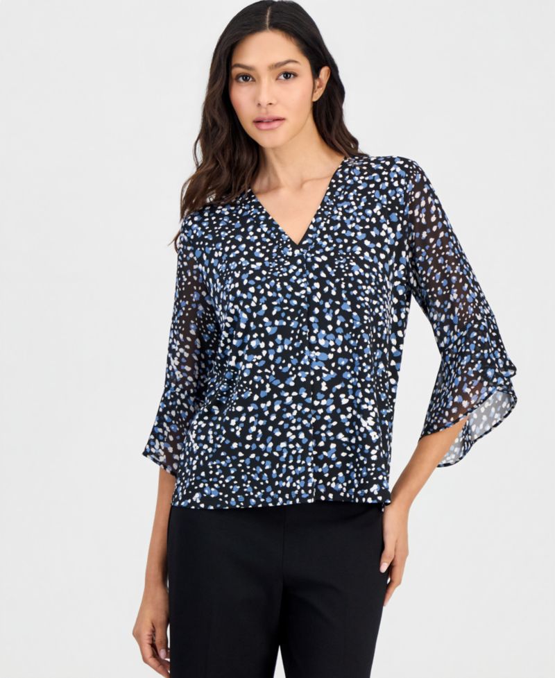 Petite Printed 3/4-Bell-Sleeve Split-Neck Top