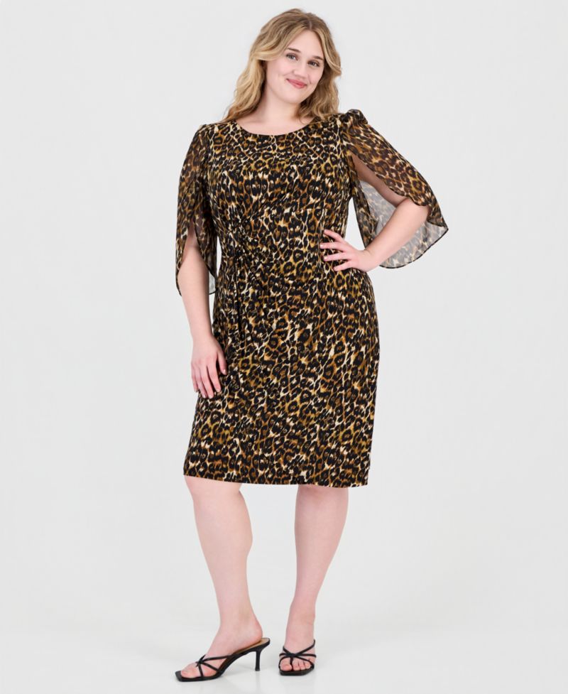 Plus Size Tulip Sleeve Animal-Print Sheath Dress