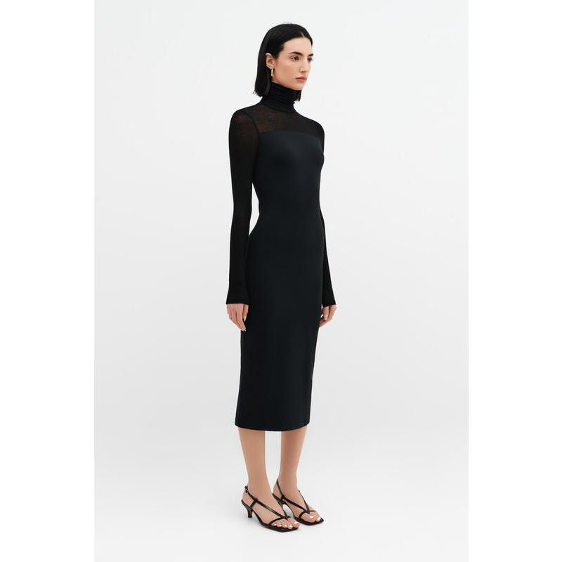 Women's Marina Fitted Turtleneck Midi Dress with Sheer Jersey Sleeves