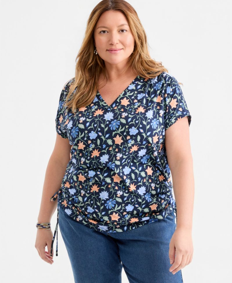 Plus Size Printed Ruched Tie-Hem V-Neck Top