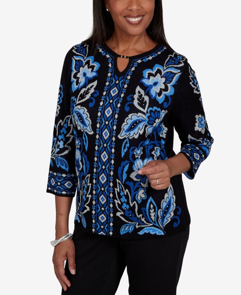 Women's 3/4-Sleeve Keyhole-Neck Floral-Print Pullover