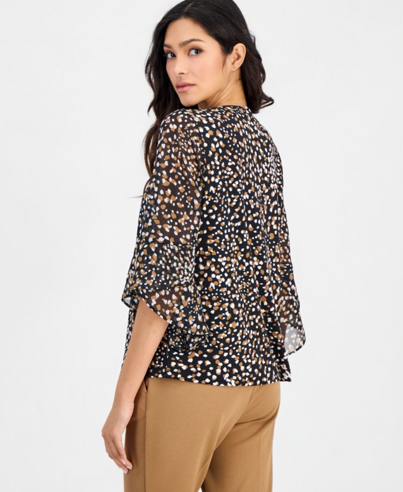 Petite Printed 3/4-Bell-Sleeve Split-Neck Top