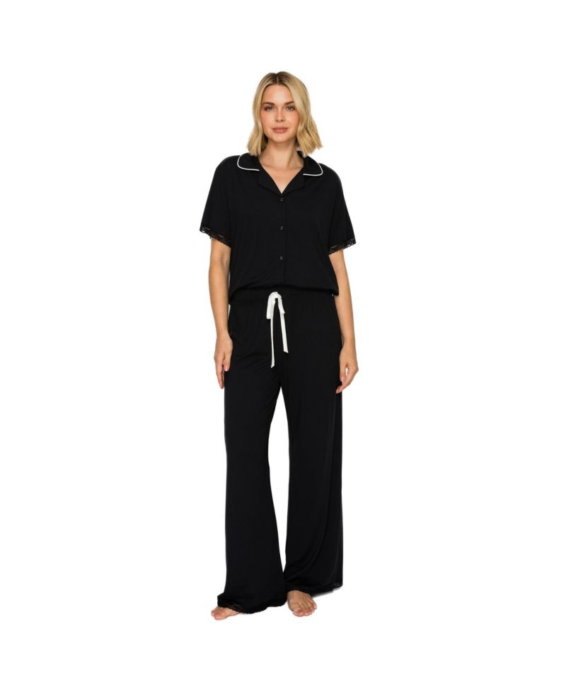 Women's Yummy Short-Sleeve Button-Up Wide-Leg Top and Pants Set