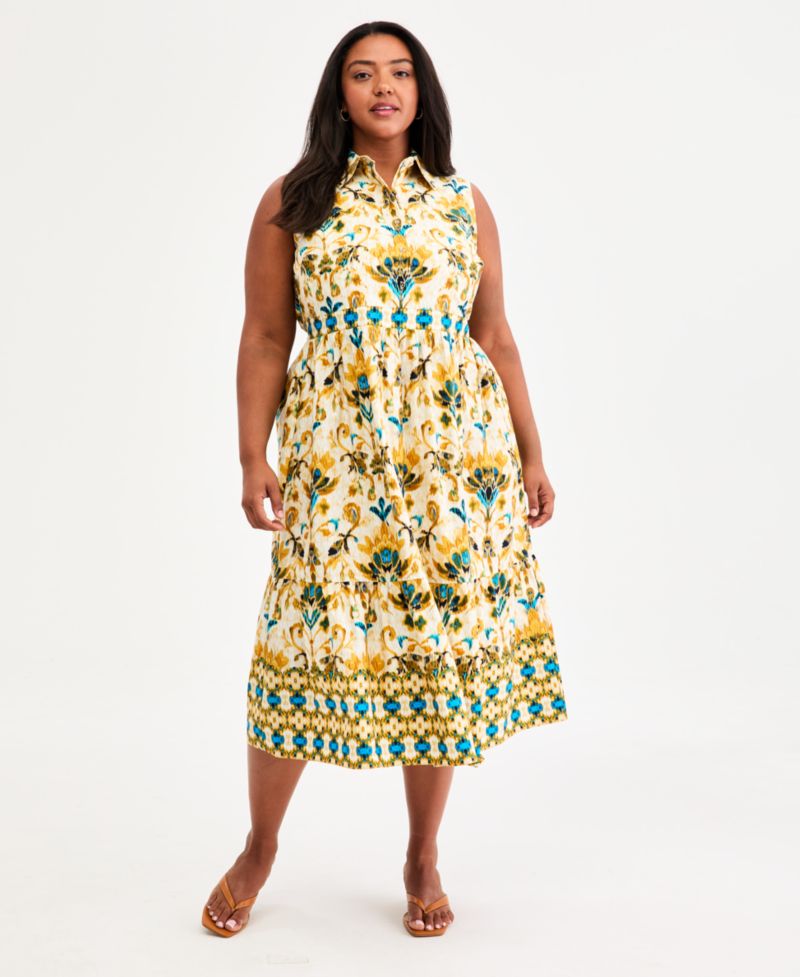 Plus Size Sleeveless Collared Midi Tiered Dress
