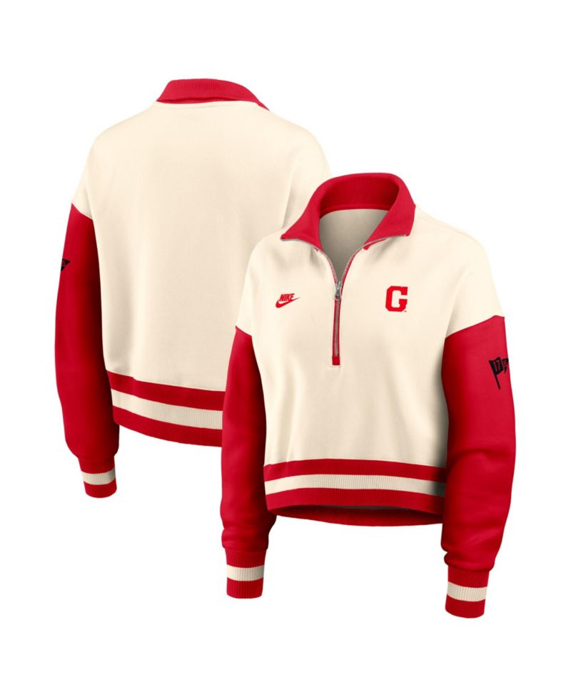 Women's Natural/Red Georgia Bulldogs Oversized Legacy Color Block Cropped Quarter-Zip Pullover Sweatshirt