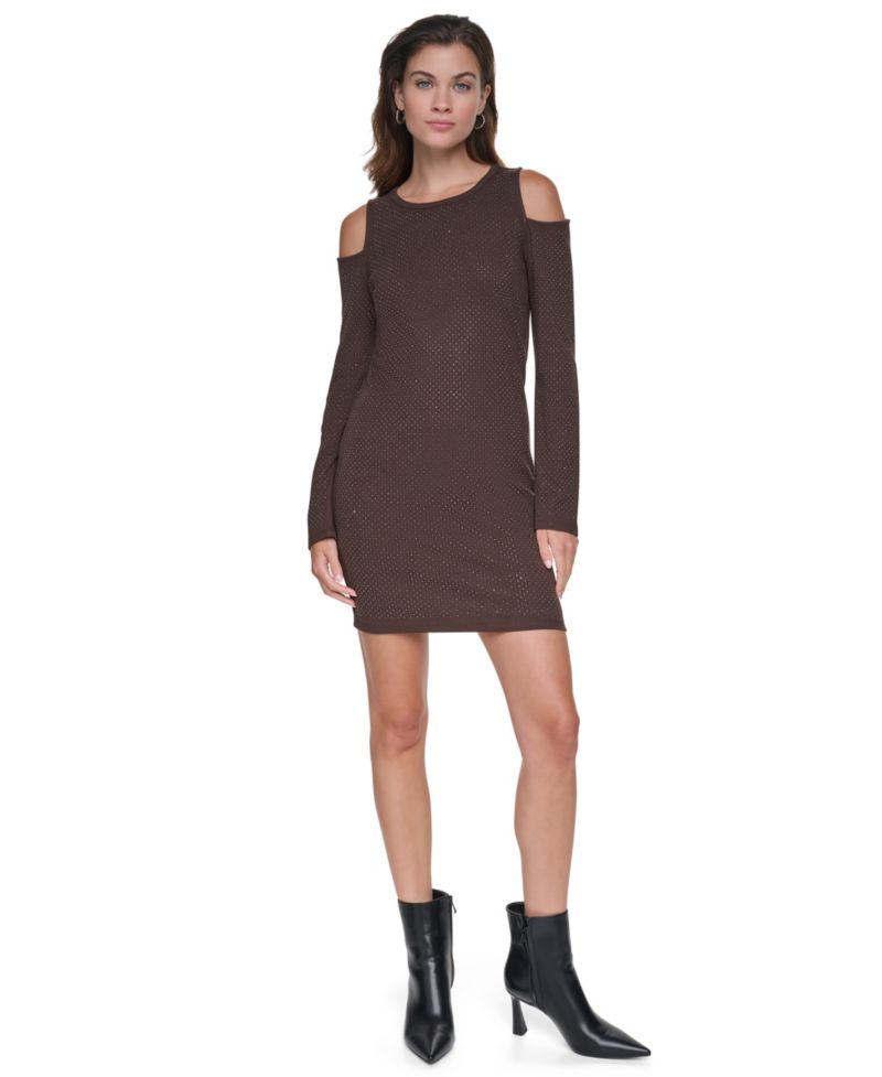 Women's Cold Shoulder Long Sleeve Rhinestone Mini Dress