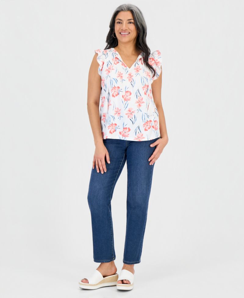 Petite Tie-Neck Pintuck-Front Ruffled Top