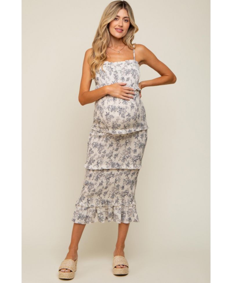 Women's Cream Floral Smocked Fitted Midi Dress