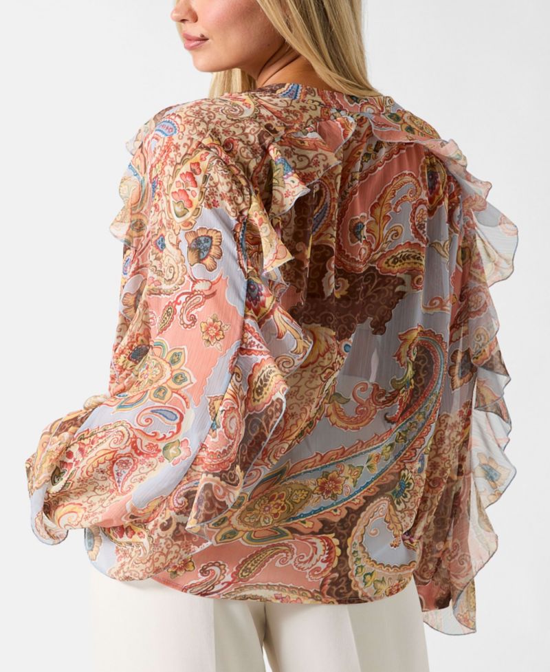 Women's Paisley Ruffle Long-Sleeve V-Neck Top