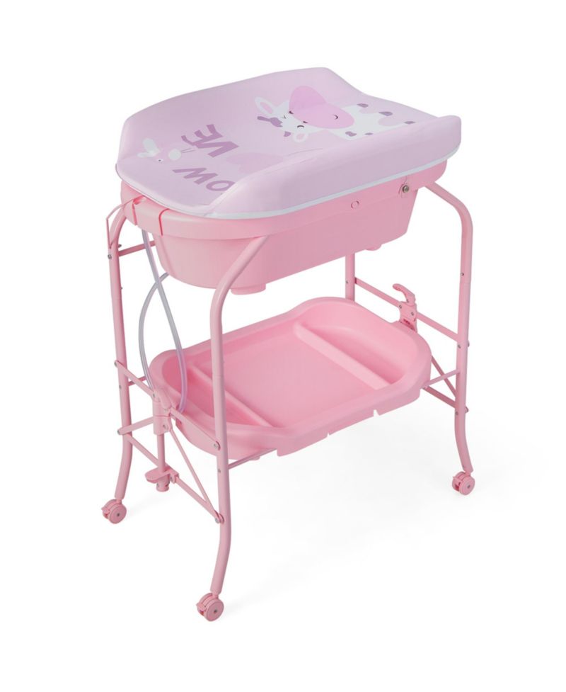 Baby Changing Table with Bathtub, Folding Diaper Station with Wheels