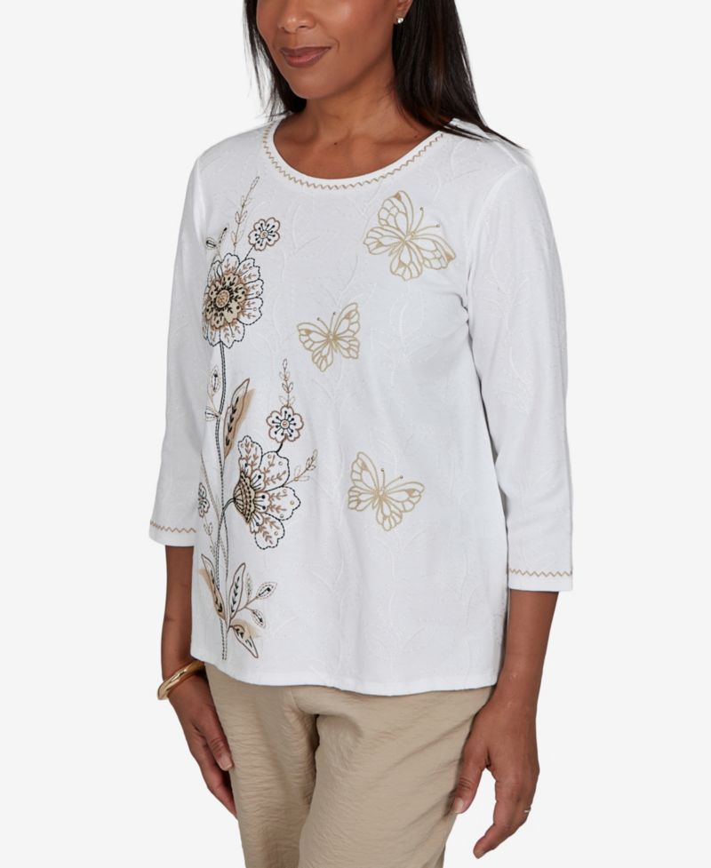 Women's Travel Advisory Floral Butterfly Line Embroidered Top