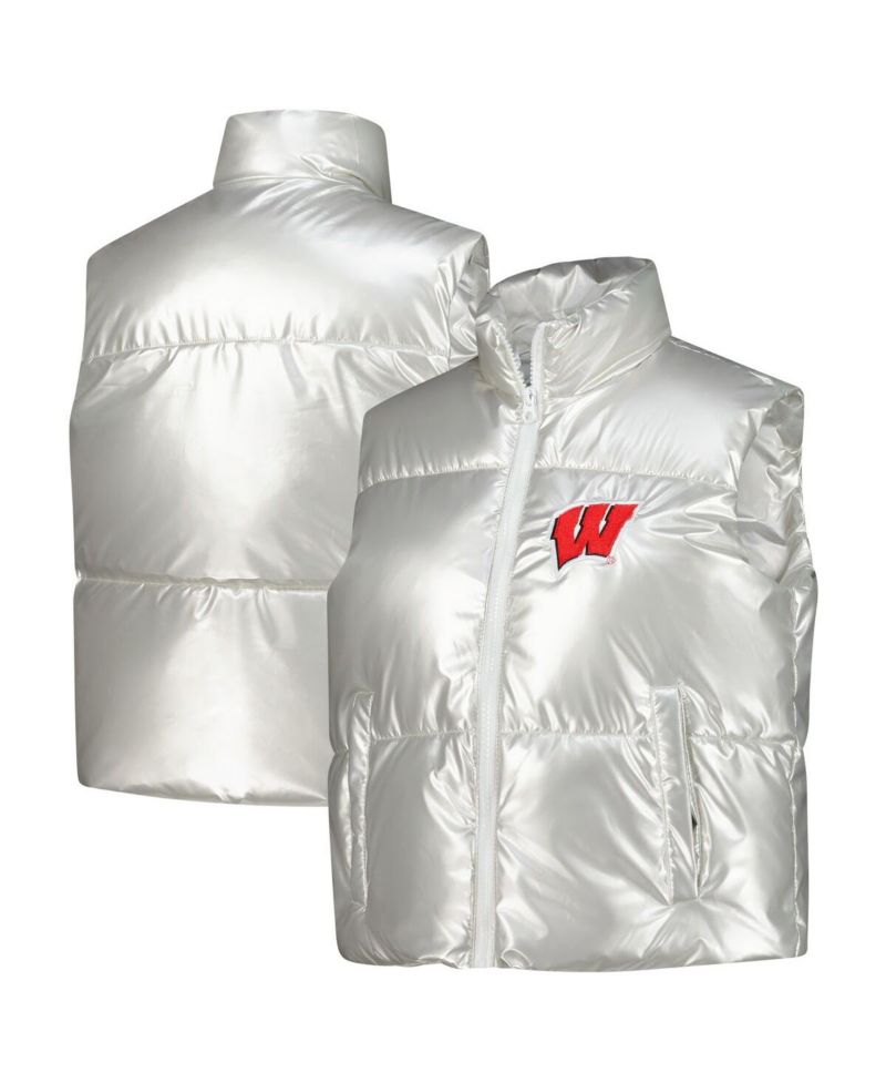 Women's Silver Wisconsin Badgers Metallic Cropped Full-Zip Sleeveless Puffer Vest