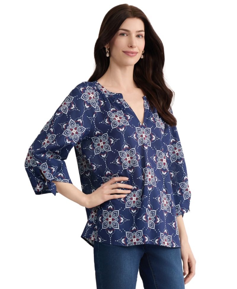 Women's Raglan Sleeve V-Neck Printed Cotton Blouse