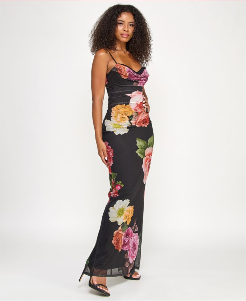 Juniors' Cowl Neck Floral Mesh Sleeveless Gown