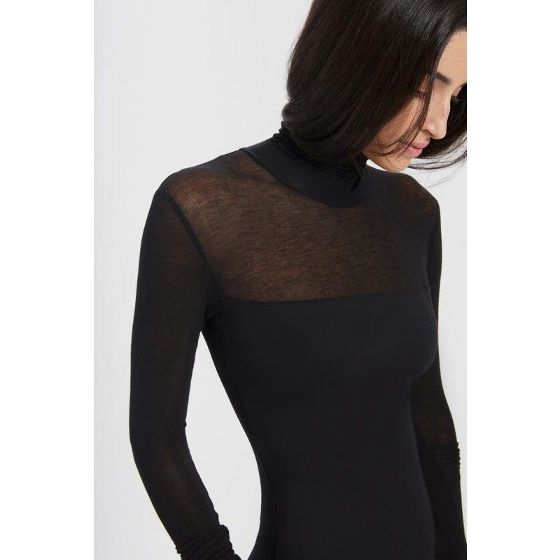 Women's Marina Fitted Turtleneck Midi Dress with Sheer Jersey Sleeves