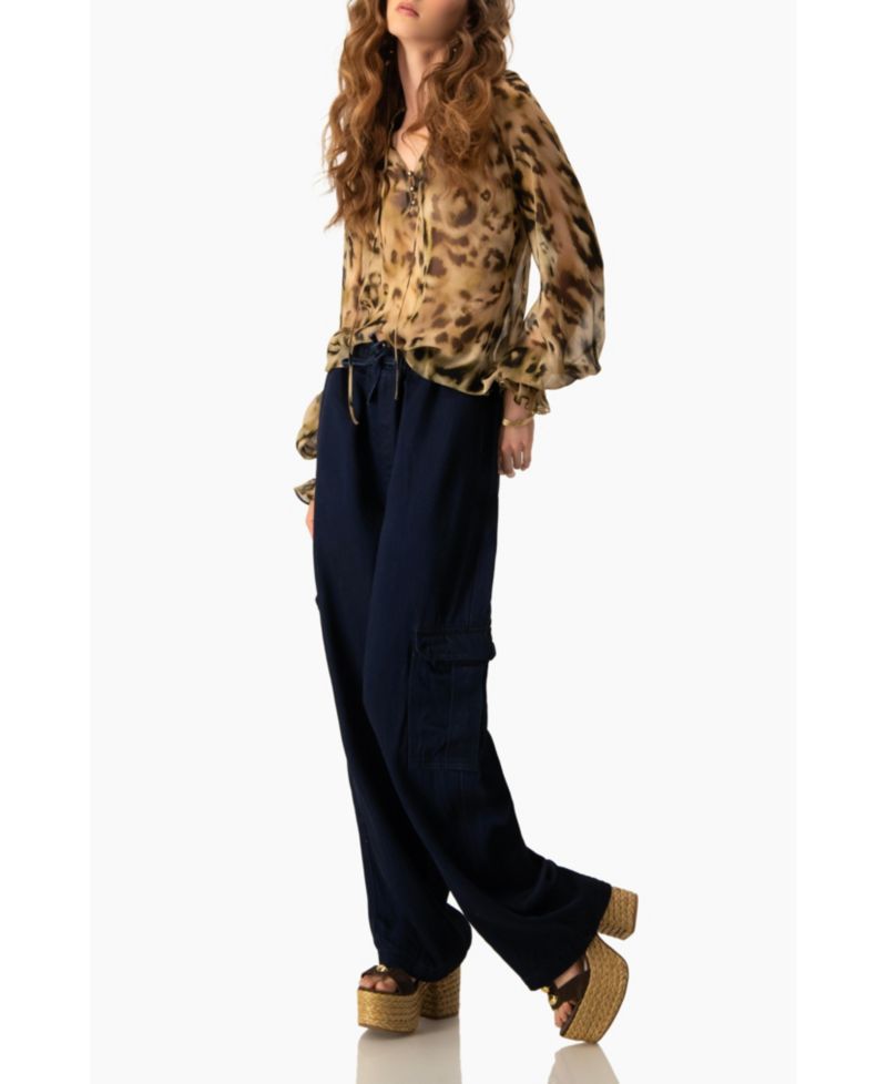 Women's Sheer Chiffon Tie-Neck Blouse in Abstract Animal Print