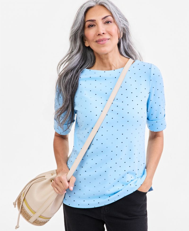 Petite Printed Boat-Neck Elbow Sleeve Top