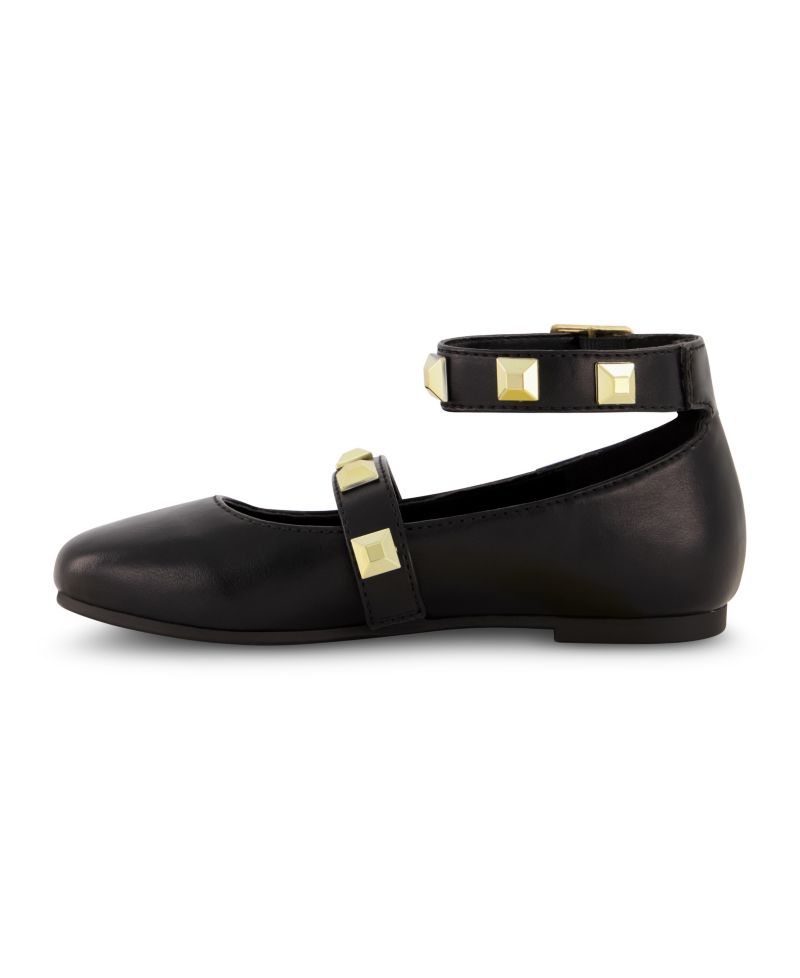 Big Girls Ankle Strap Pyramid Stud Ballet Flats