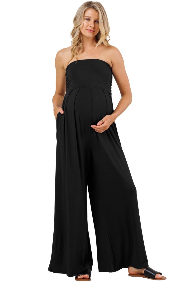 Women's Maternity Strapless Wide Leg Jumpsuit with Pockets