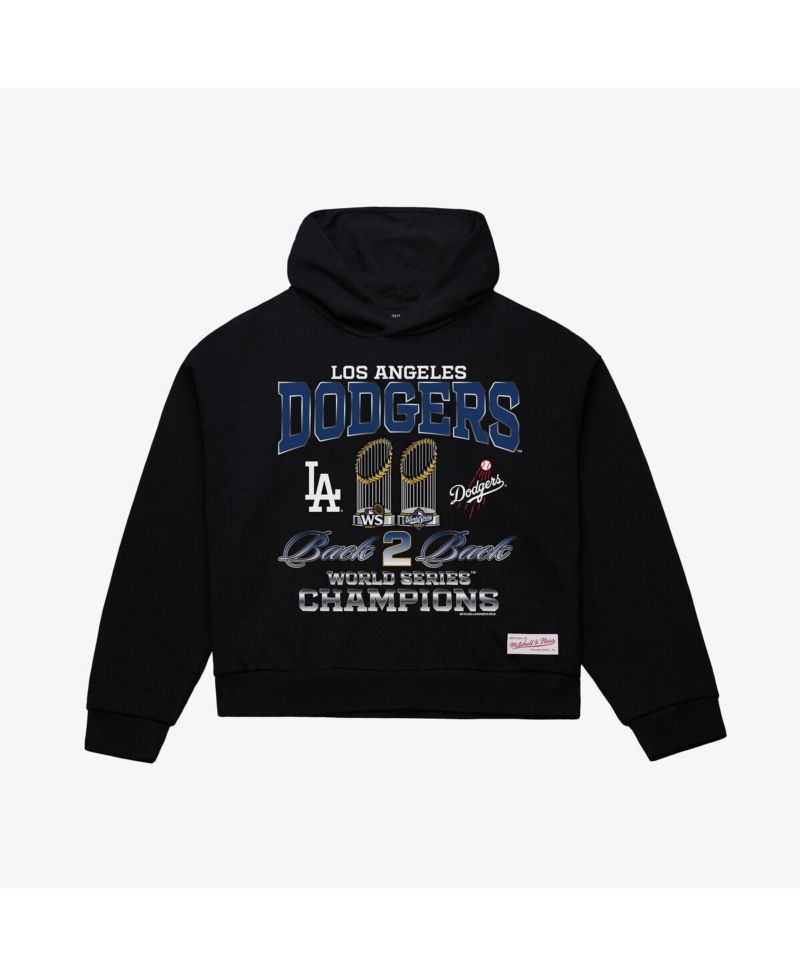 Women's Mitchell Ness Black Los Angeles Dodgers Back 2 Back Trophies Cropped Hoodie