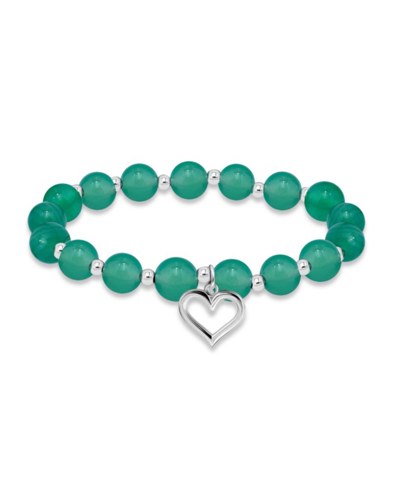 Silver-Plated Beaded Heart Charm Stretch Bracelet