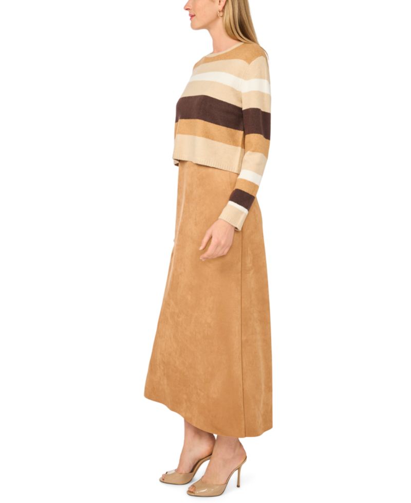Women's Long-Sleeve A-Line Midi Striped Faux Suede Dress and Sweater, 2-Piece Set