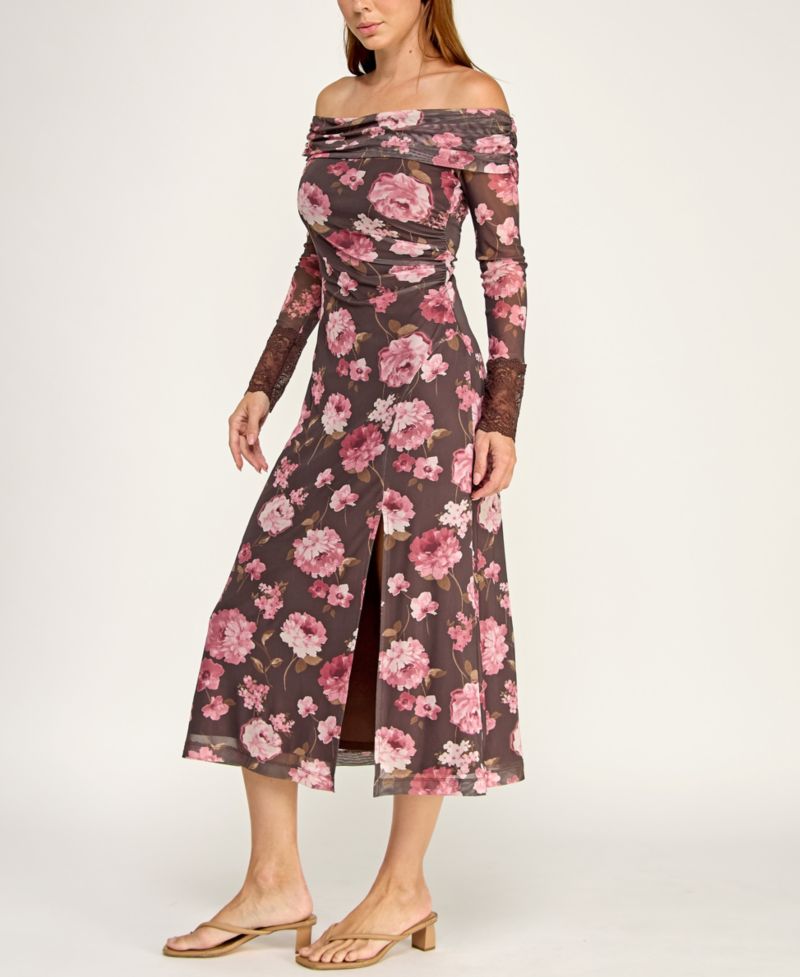 Juniors' Off-The-Shoulder Long-Sleeve Floral Printed Mesh Midi Dress
