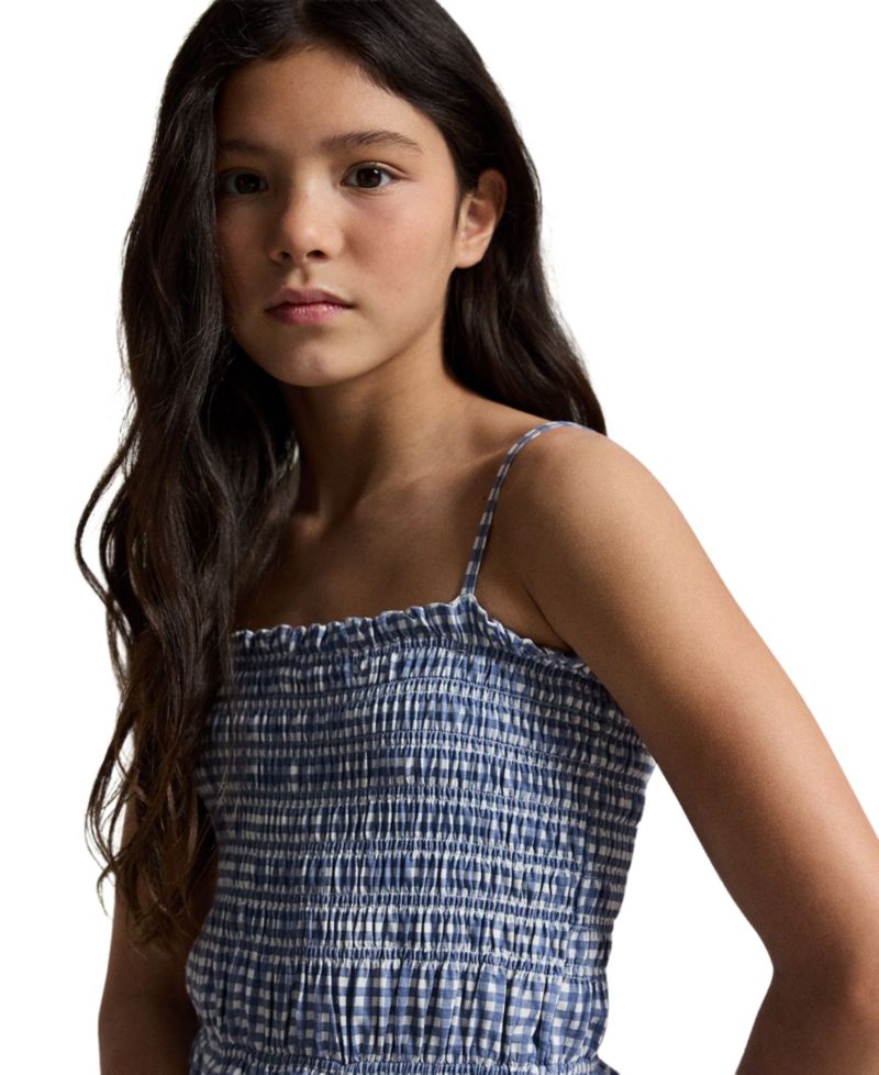 Girls' 7-16 Plaid Smocked Straight Neck Jersey Dress