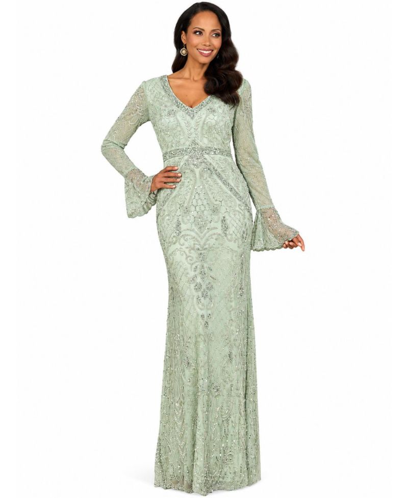 Women's Long Bell Sleeve V-Neck Beaded Gown