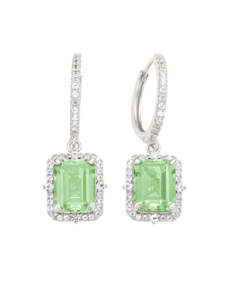 Suzy Levian Sterling Silver Emerald Cut Gemstone Halo Dangling Earrings