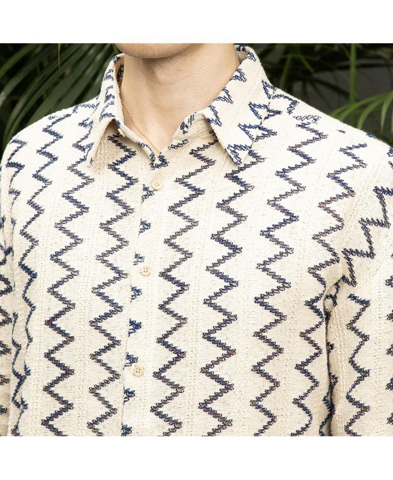 Men's Cream White Zig-Zag Knit Shirt