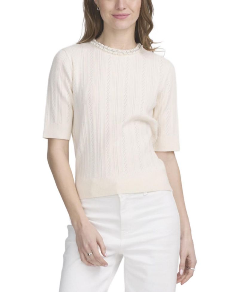 Women's Fine Gauge Embellished Neck Top