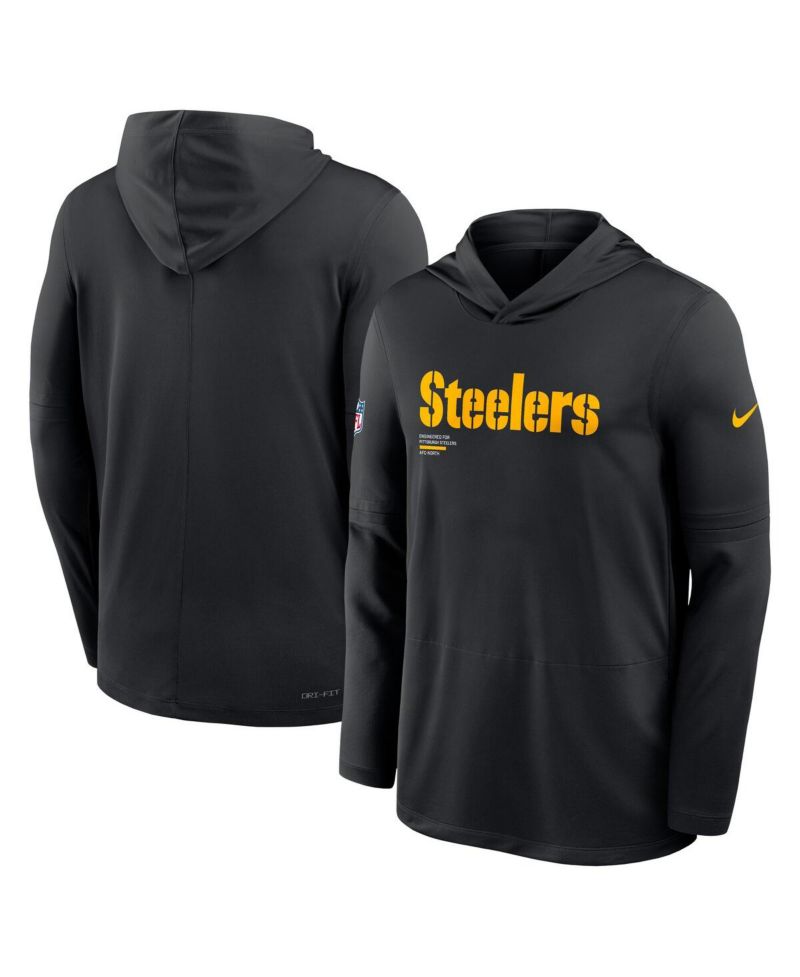 Men's Black Pittsburgh Steelers Big & Tall Sideline Performance Long Sleeve Hoodie T-Shirt