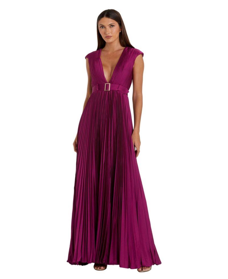 Women's Ieena Pleated Plunge Neck Belted Satin Gown