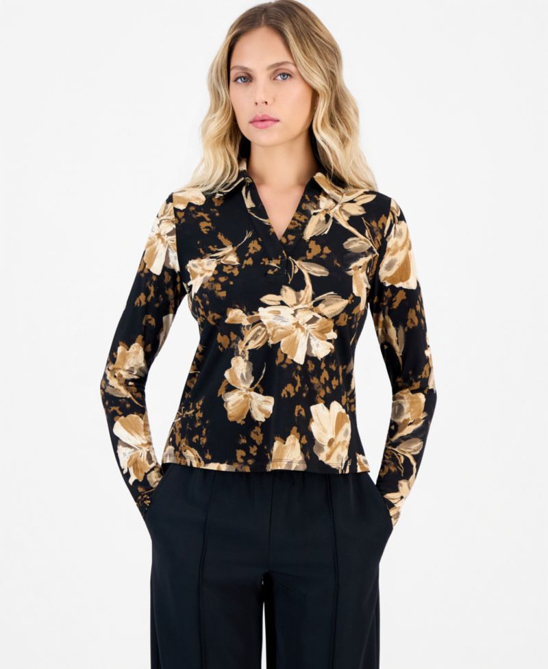 Petite Long-Sleeve Floral-Print Point Collar Top