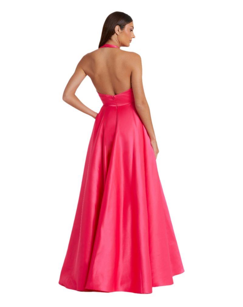 Women's Sleeveless Deep V Satin Gown With Oversized Bow