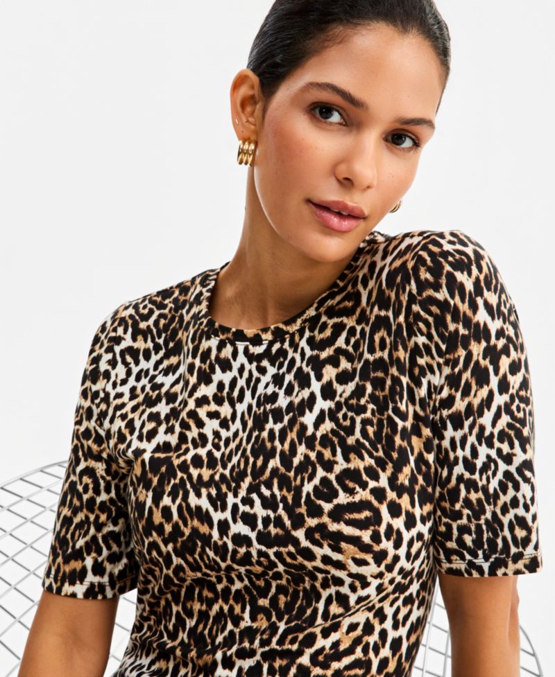 Women's Leopard-Print Front Slit Short-Sleeve Midi Dress