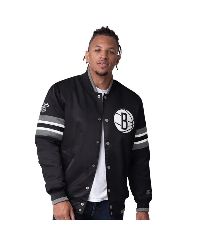 Men's Black Brooklyn Nets Scout Varsity Satin Full-Snap Jacket