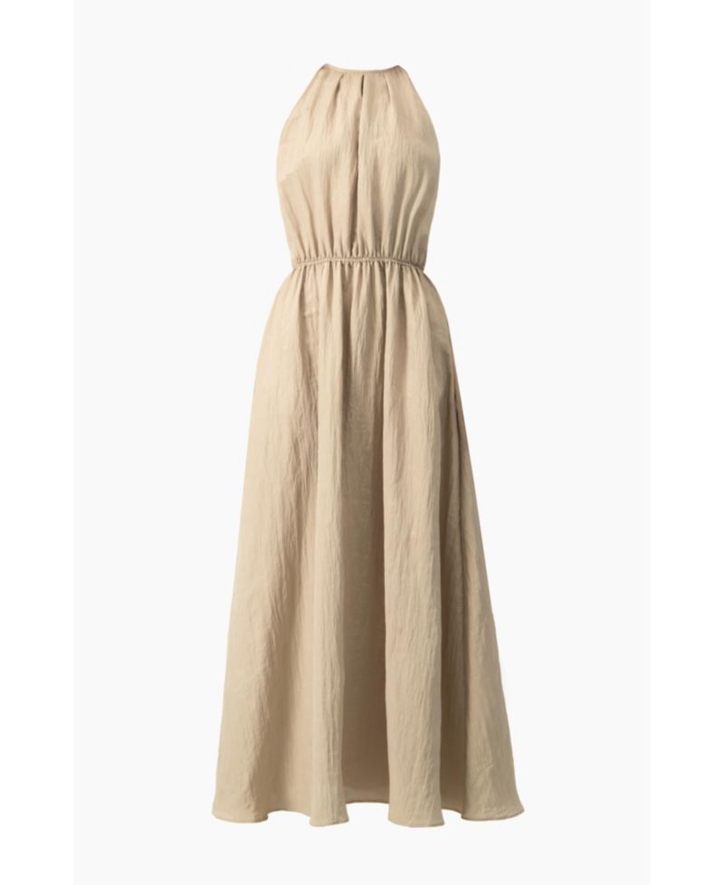 Sleeveless Crinkle Halter Maxi Dress with Cinched Waist A-Line