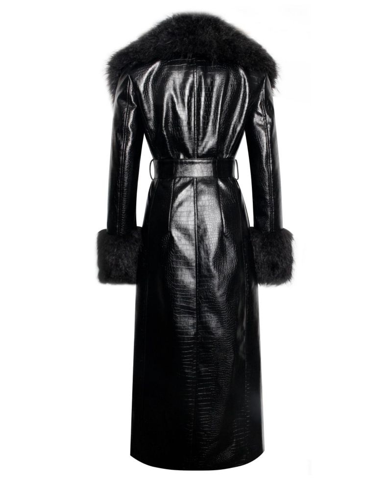 Women's Zella Black Faux Fur Trim Faux Croc Leather Coat